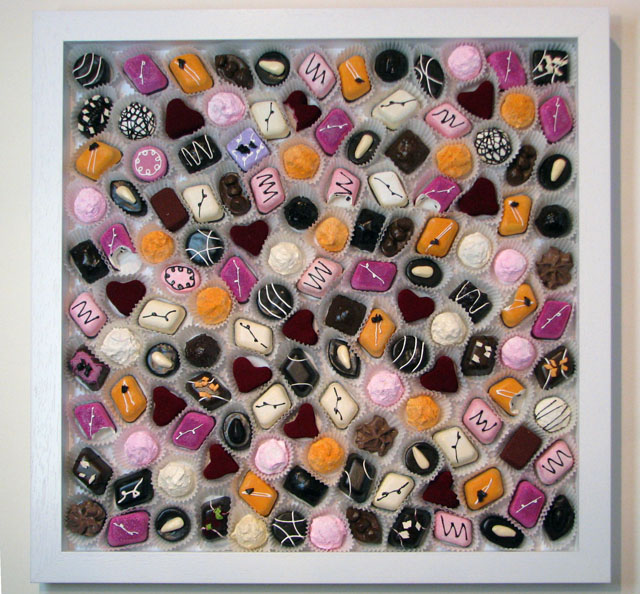Ivonne Nlein, Werk: Pralinenkasten "Se Kollektion"<BR>2009<BR>mixed-media<BR>50cm x 50cm x 5cm